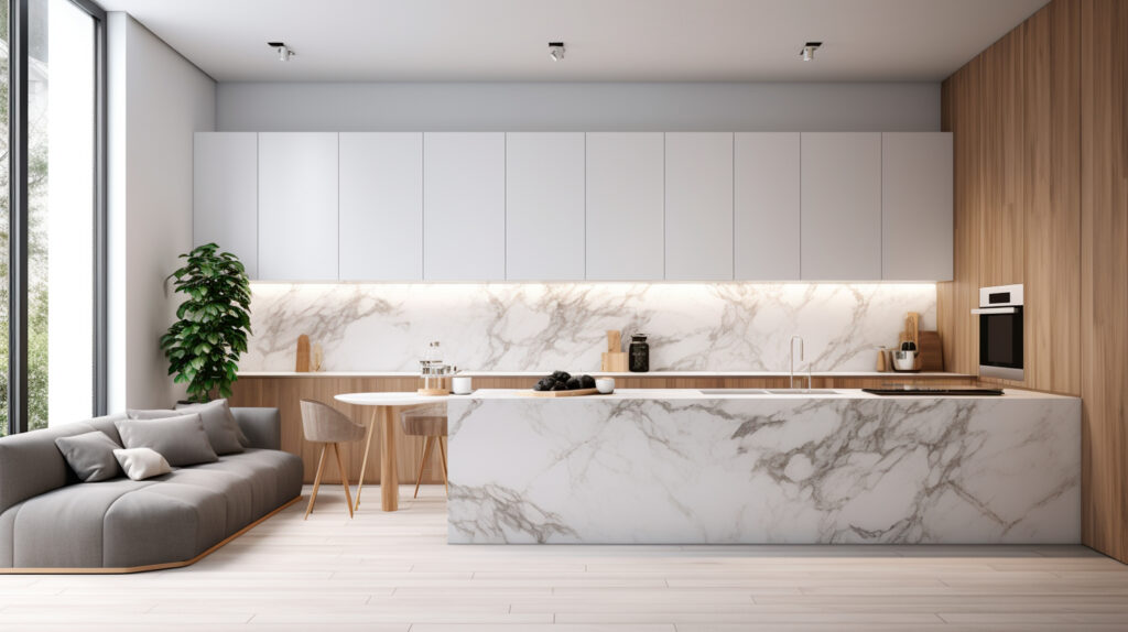 Modern white minimalist interior design with kitchen sofa, wooden floor, wall panels and marble kitchen island. Generative AI illustrator