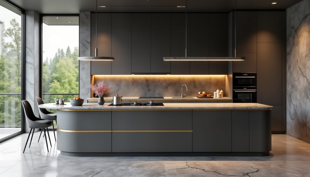 Modern kitchen island design features sleek dark gray cabinetry marble countertops. Gold accents add luxury. Integrated appliances visible. Bright spacious room large window offering nature view.