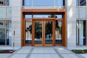 Apartment Building Entrance. Double door with glass and wood frames of a modern apartment building at San Francisco, CA: frisco, california, modern, apartment, building, outside, exterior, double door, door, entrance --ar 3:2 Job ID: 6439314c-c36a-4a09-b1df-d8b71c91ddcc
