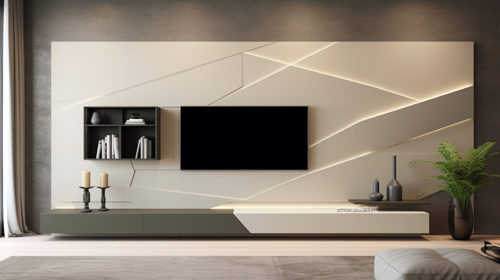 arafed tv on a wall with a shelf and a plant in a vase. generative ai.