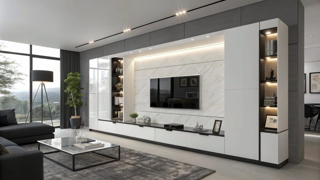 Modern walk-in wardrobe with marble island and warm lighting — Islamabad home