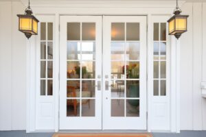 double central door, glass panels, white colonial, lampposts, created with generative ai
