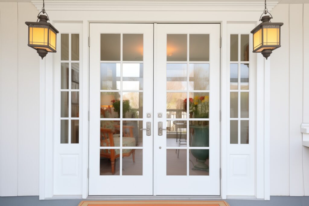 double central door, glass panels, white colonial, lampposts, created with generative ai