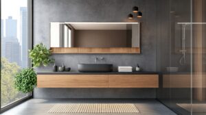 A modern bathroom with a sleek vanity, a floating mirror, and a walk-in shower --ar 16:9 --v 6.1 Job ID: 1032f6b5-7ec6-4426-b996-93949a6cf583