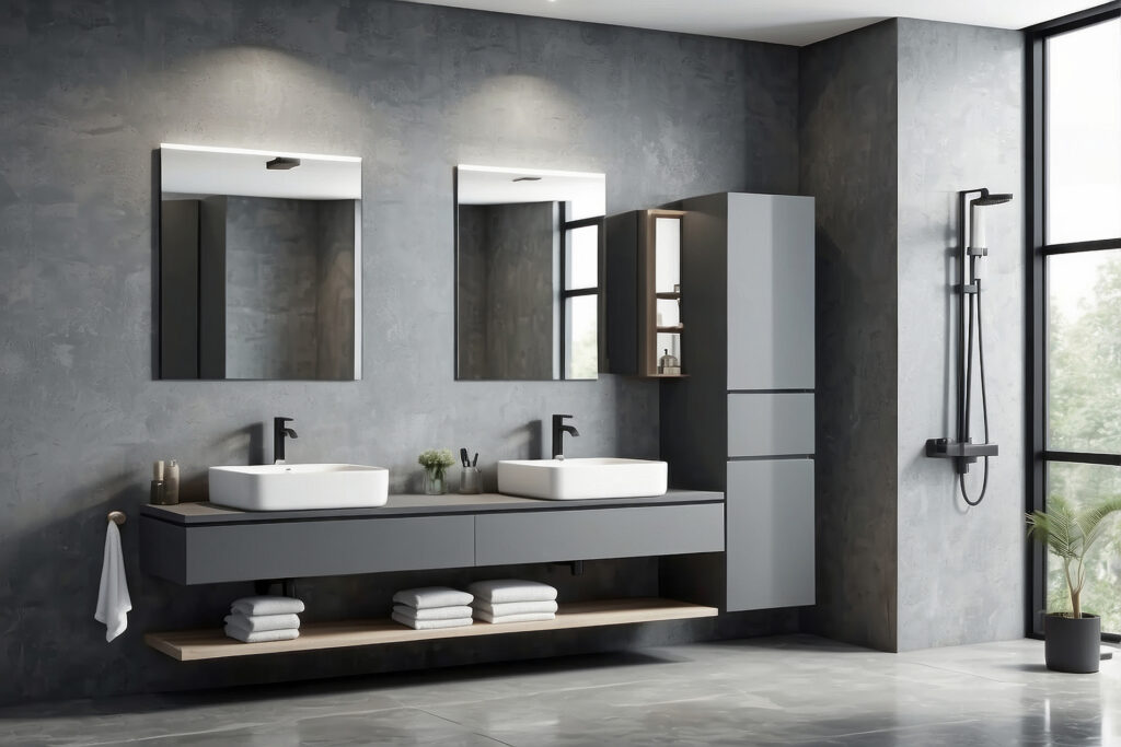 A modern bathroom with double vanity, concrete walls, and a large window overlooking greenery.