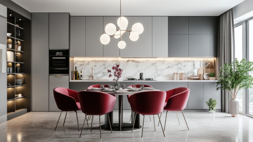 Modern kitchen and dining area featuring elegant design and stylish furniture.