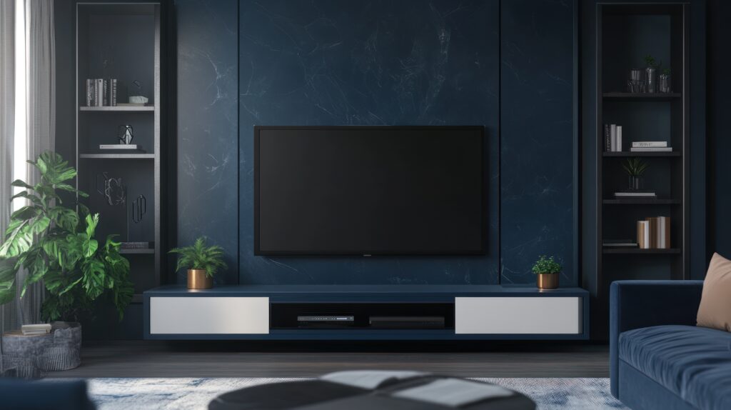 Modern Living Room Interior Design with Blue Walls and a Large TV