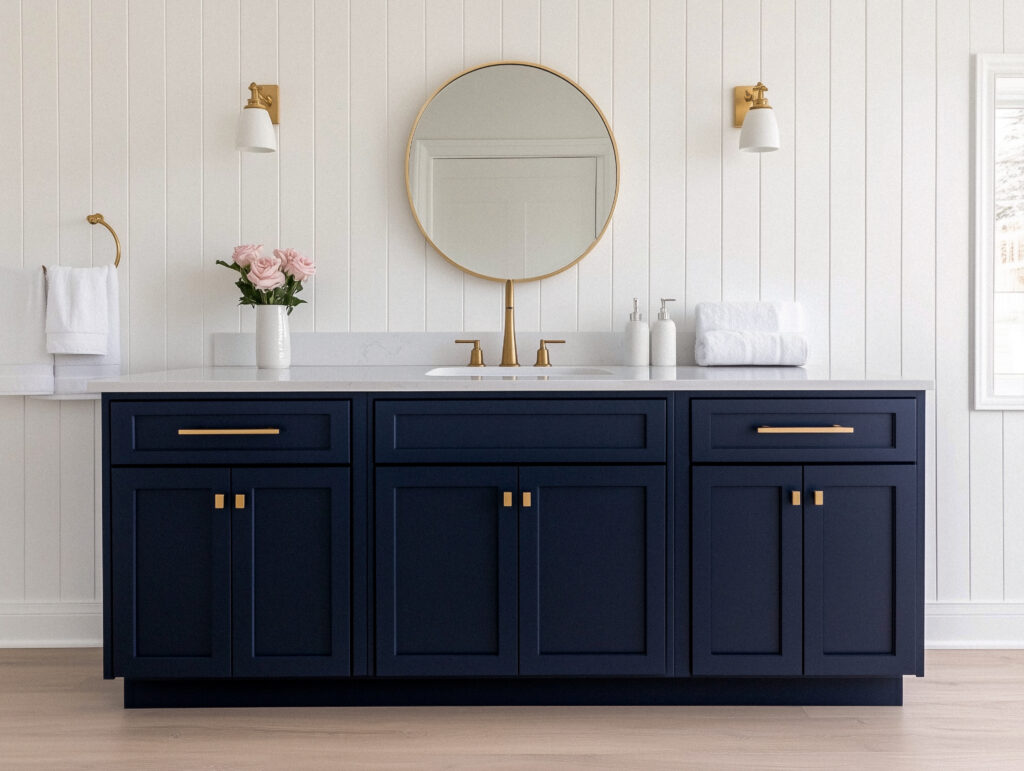 Navy blue bathroom vanity with gold hardware, a round gold mirror, white walls, and light fixtures.  Features a white quartz countertop, and white towels and flowers.