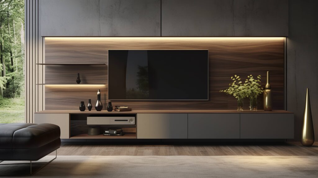 A photo of a stylish wall-mounted entertainment