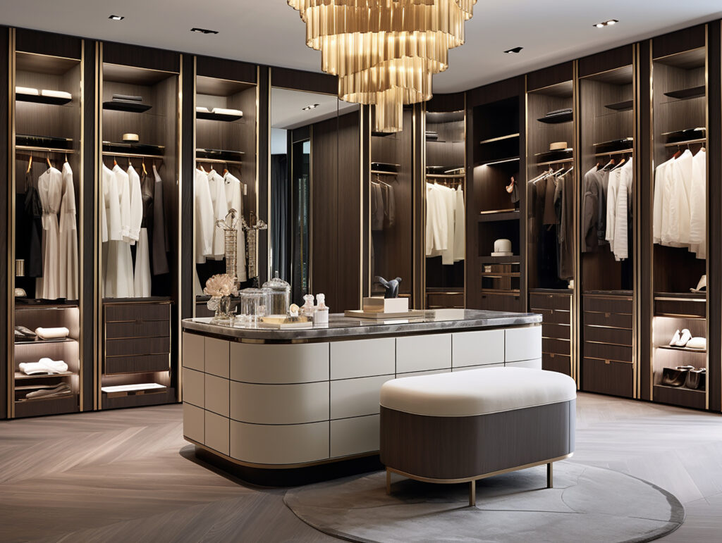 Modern walk-in wardrobe with marble island and warm lighting — Islamabad home