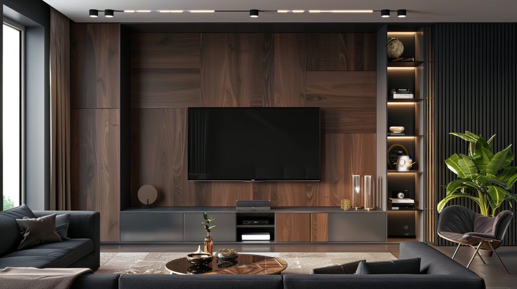 Modern living room with wooden wall-mounted television and dark wall background décor, Generative AI.